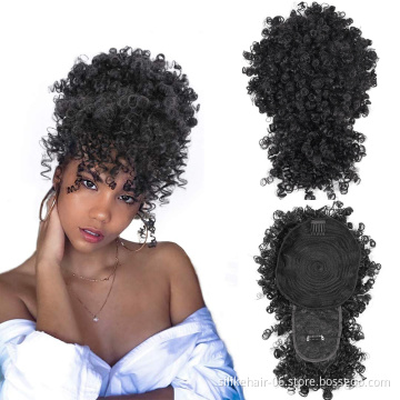 High Puff Afro Curly Wig Ponytail Drawstring Short Afro Kinky Pony Tail Clip in Bun With Bang Synthetic Hair Extensions